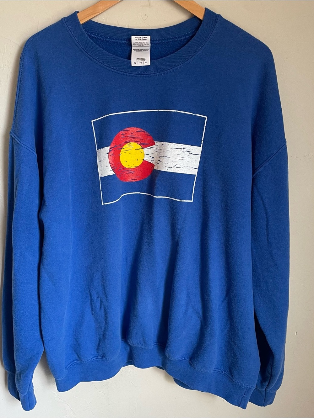 Gildan Royal Blue Crewneck Sweater with Colorado Flag Graphic
